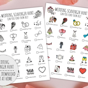 Wedding Scavenger Hunt For Kids, Bridal Romantic Treasure Hunt, Marriage day Activity And Love Scavenger Hunt (Printable PDF in Color + B/W)