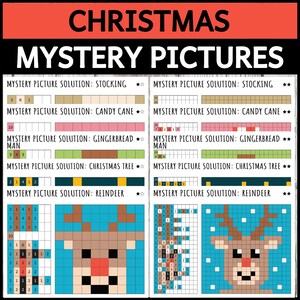 May include: An image with the text "Christmas Mystery Pictures" and solutions for a stocking, candy cane, gingerbread man, Christmas tree, and reindeer. Pixelated images provide the answers.