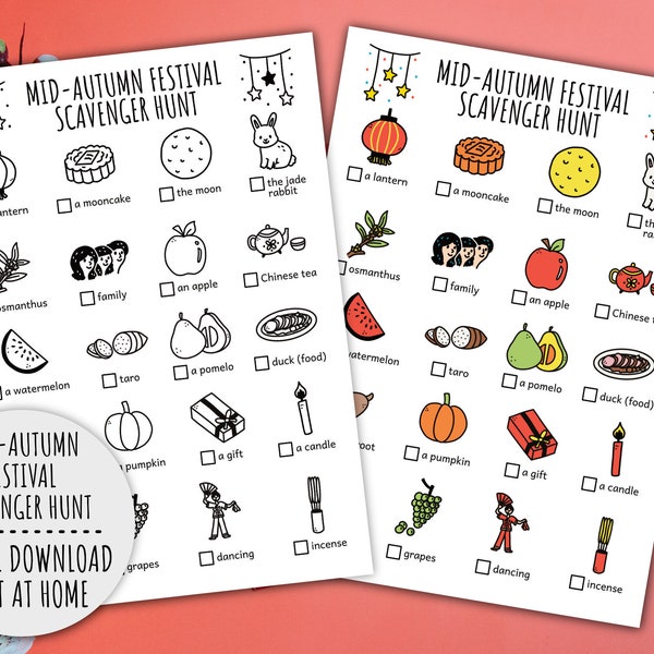 Mid-Autumn Festival Scavenger Hunt For Kids, Moon Festival Treasure Hunt, Party Activity, Autumn Fall Game (Printable PDF in Color + B/W)