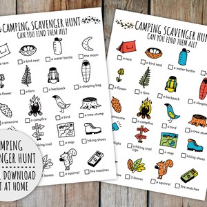 Camping Schnitzeljagd für Kinder, Schatzsuche und Sommer Camping Aktivität (druckbare PDF in Farbe + S / W)