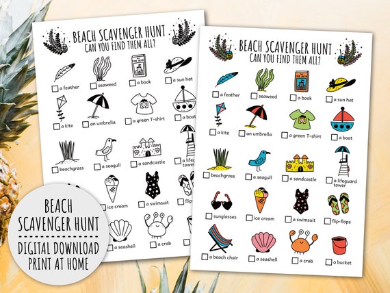 Beach Scavenger Hunt For Kids, Summer Kids Activities And Kids Beach Party Game (Printable PDF in Color + B/W)
