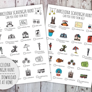 May include: A printable Barcelona scavenger hunt game with a checklist of popular landmarks and attractions to find in the city. The checklist includes items like Sagrada Familia, La Boqueria market, a subway map, cable cars, churros, Montjuic magic fountain, Casa Batllo, a postcard, a street performer, Park Guell, a beach, Columbus monument, an aquarium, tapas, museum tickets, a cathedral, a sightseeing bus, and a souvenir.