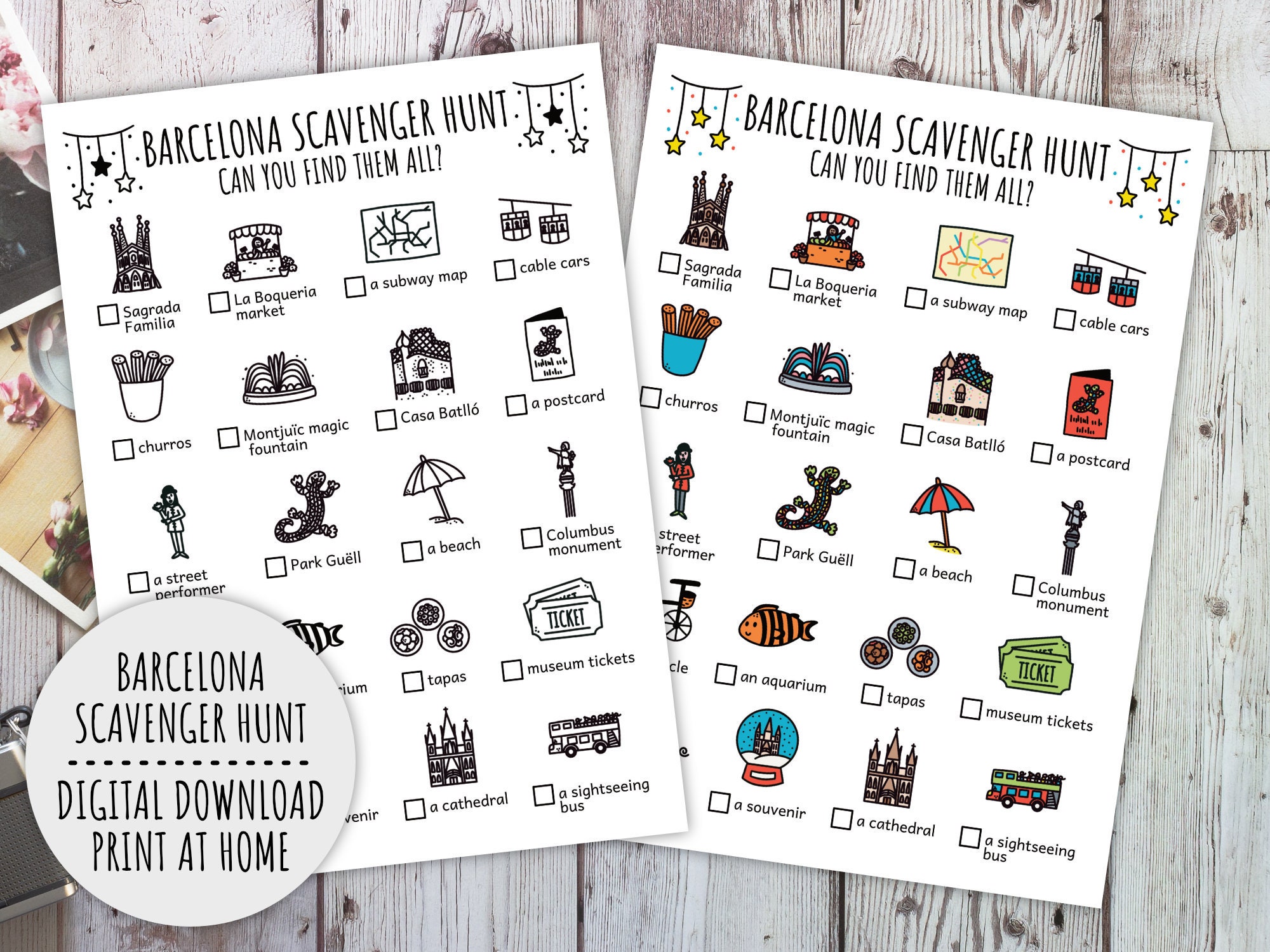 Barcelona Scavenger Hunt For Kids, Travel City Trip Treasure Hunt, Family Vacation Activity Scavenger Hunt (Printable PDF in Color + B/W)