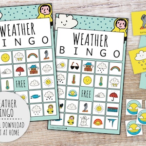 Jeu de bingo météo pour les enfants, jeu de météorologie pour enfants, jeu en classe et activité familiale sur les nuages climatiques (PDF imprimables)