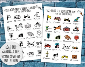 Roadtrip-speurtocht voor kinderen, reisactiviteiten voor kinderen, afdrukbaar autospel en roadtrip-speurtocht (afdrukbare PDF in kleur + zwart-wit)