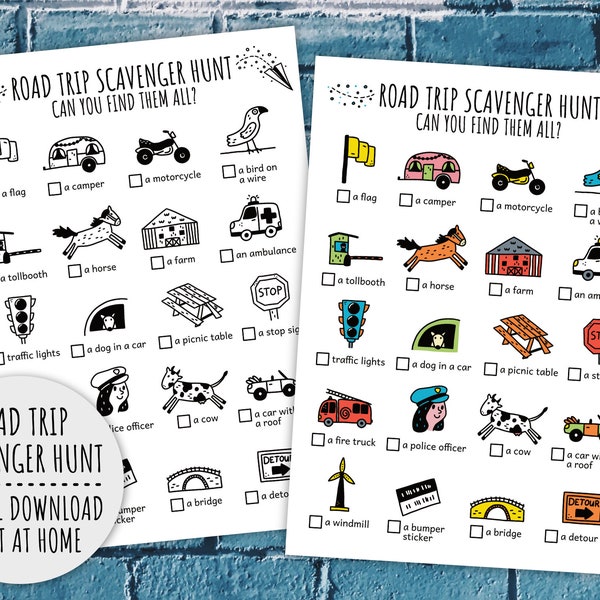 Road Trip Scavenger Hunt For Kids, Travel Kids Activity, Printable Car Game And Roadtrip Treasure Hunt (Printable PDF in Color + B/W)