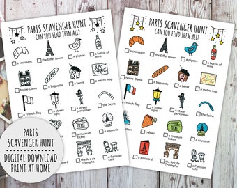 Paris Scavenger Hunt For Kids, Travel City Trip Treasure Hunt, Paris Family Vacation Activity Scavenger Hunt (Printable PDF in Color + B/W)