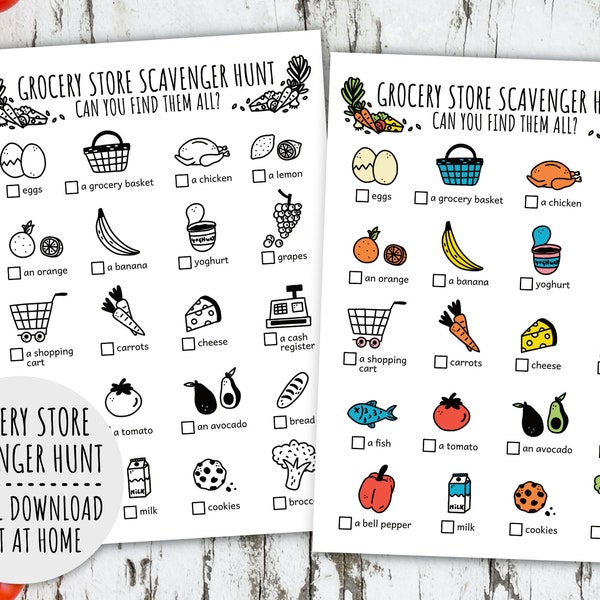 Lebensmittelgeschäft-Schnitzeljagd für Kinder, Lebensmittelgeschäft-Schatzsuche und Supermarkt-Schnitzeljagd (Printable PDF in Farbe + S/W)