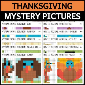 May include: Thanksgiving-themed mystery pictures with solutions for leaf, pumpkin, apple pie, pilgrim hat, and turkey. Each picture is a grid of colored squares, creating pixel art images. The text includes the title and solution names.