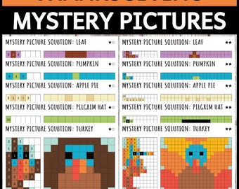 Thanksgiving Mystery Picture Worksheets Pixel Art Color by Code