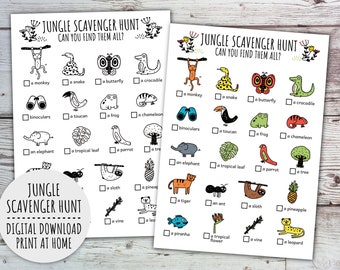 Chasse au trésor dans la jungle pour les enfants, chasse au trésor des animaux de safari tropical et jeu de fête d'anniversaire sur le thème de la jungle (PDF imprimable en couleur + N/B)