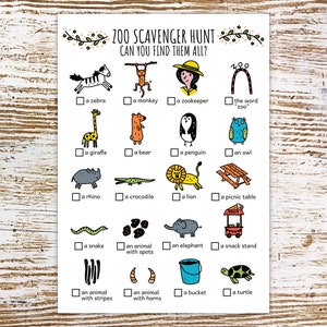 Może przedstawiać: Drukowana lista kontrolna do gry w chowanego w zoo z ilustracjami zwierząt, opiekuna zoo, stołu piknikowego, stoiska ze słodyczami i wiadra. Lista kontrolna zawiera słowa "Gra w chowanego w zoo" i "Czy potrafisz znaleźć je wszystkie?"