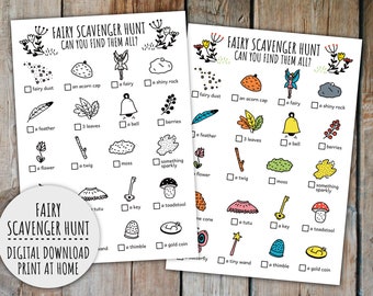 Fairy Scavenger Hunt For Kids,  Magical Forest Treasure Hunt, Outdoor Garden Fairy Birthday Party (Printable PDF in Color + B/W)