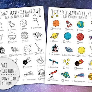 Weltraum Schnitzeljagd für Kinder, Planetarium Schatzsuche, Galaxy Universum Familienaktivität (druckbare PDF in Farbe + S/W)
