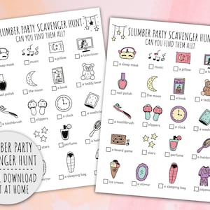 Slumber Party Scavenger Hunt For Kids, Sleepover Treasure Hunt, Birthday Family Activity And Game (Printable PDF in Color + B/W)