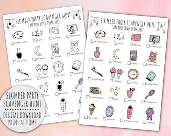 Slumber Party Scavenger Hunt For Kids, Sleepover Treasure Hunt, Birthday Family Activity And Game (Printable PDF in Color + B/W)
