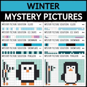 May include: A black and white graphic with the text "WINTER MYSTERY PICTURES". The image includes pixelated solutions for an igloo, ice skate, snowman, snowflake, and penguin. The solutions are in a grid format.