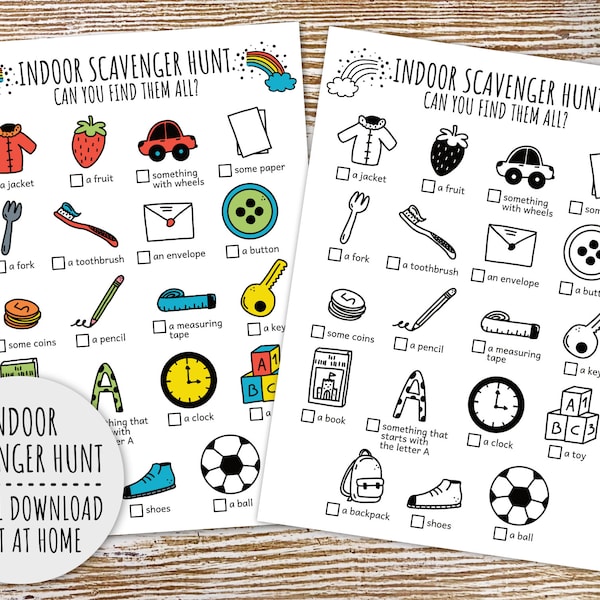 Indoor Scavenger Hunt For Kids, Indoor Kids Activity For Rainy Days, Party Game (Printable PDF in Color + B/W)
