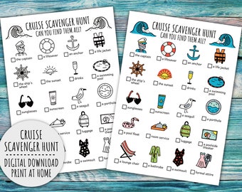 Cruise Scavenger Hunt For Kids, Cruising Treasure Hunt, Cruise Ship Party Activity, Summer Trip Travel Game (Printable PDF in Color + B/W)