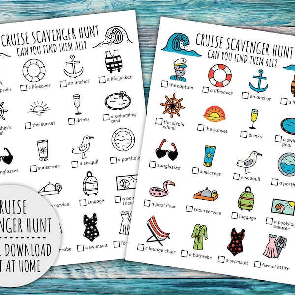 Cruise Scavenger Hunt For Kids, Cruising Treasure Hunt, Cruise Ship Party Activity, Summer Trip Travel Game (Printable PDF in Color + B/W)