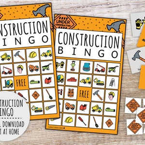 Jogo de bingo de construção para crianças, jogo de festa para construtores infantis, jogo de sala de aula e atividades familiares para construção de meninos (PDFs para impressão)