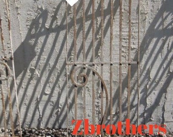 May include: A rusty metal gate with a decorative scroll design. The gate is made of vertical bars with a horizontal bar at the top and bottom. The gate is in front of a white wall with shadows.