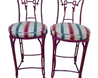 2 Vintage Chinese Chippendale Regency Side Chair Counter Stools Aluminum Bamboo