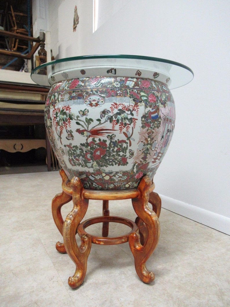 Vintage Asian Pottery Fish Bowl Stand Lamp End Table Pedestal Etsy