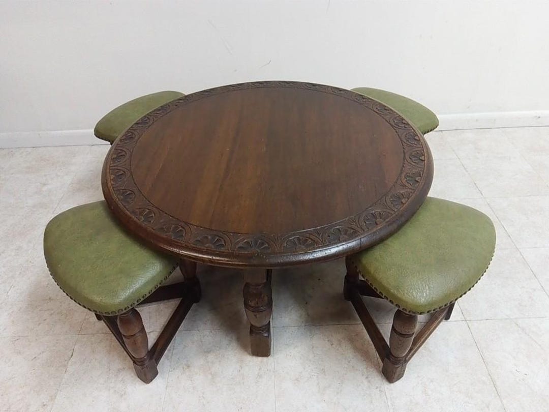 RARE Ethan Allen Oak Jacobean Coffee Table 4 Nesting Stools Made in ...