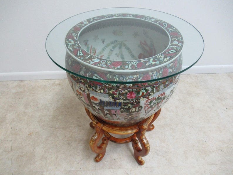 Vintage Asian Pottery Fish Bowl Stand Lamp End Table Pedestal Etsy