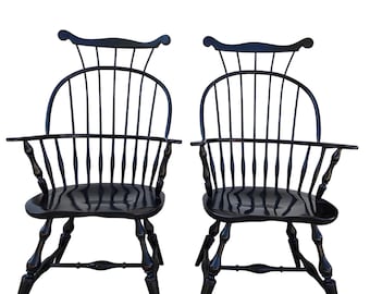 2 Nichols & Stone Windsor Armchairs Bow Comb Back Saddle Seat Distressed Country