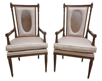 Pair Vintage French Regency Carved Fireside Lounge Arm Chairs Louis XV Pecan