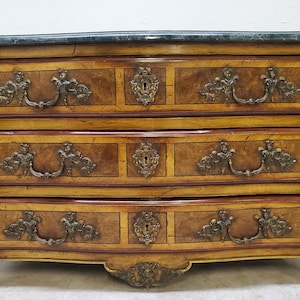 Antique French Louis XV Chest of Drawers Burl Walnut Bronze Marble Top Dresser console