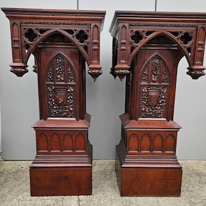 Pair Antique French Carved Gothic Revival PEDESTAL tables Monumental Victorian