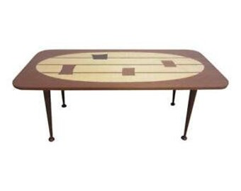 May include: A mid-century modern coffee table with a rectangular top made of wood with inlaid geometric shapes in shades of brown and beige. The table has four black metal legs.
