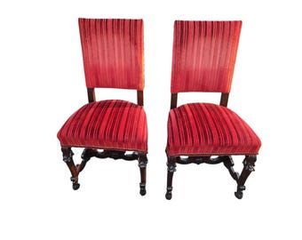 Pair Antique Italian Renaissance Revival Carved Walnut Dining Room Side Chairs A