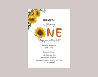 Sunflower 1st Birthday Invitation Template, Instant Download Editable First Birthday Canva Template