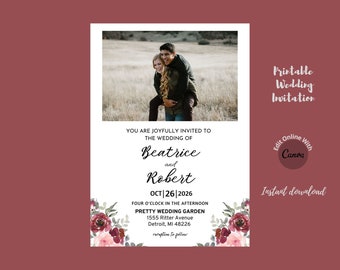 Photo Wedding Invitation Template, Digital Download Wedding Invitation Editable Canva Template Invite