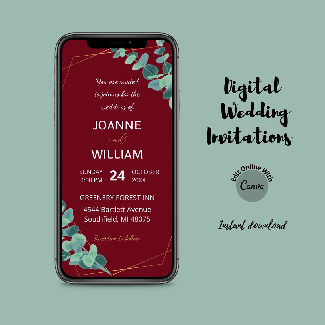Digital wedding invitation template evite geometric gold frame greenery 