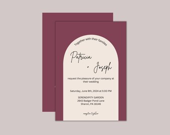 Rose and Beige Modern Wedding Invitation Template, Add QR Code Editable Boho Wedding Invte, Printable Wedding Invitation Canva