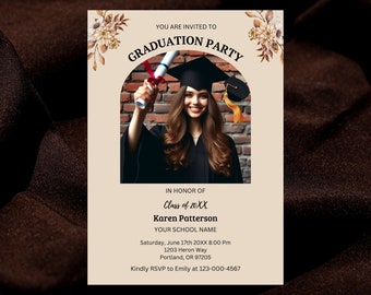 Modern Floral Graduation Party Invitation Canva Template, Digital Download