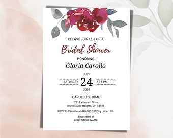 Bridal Shower Invitation Template Burgundy Flowers Watercolor Invite Digital Download Canva Template