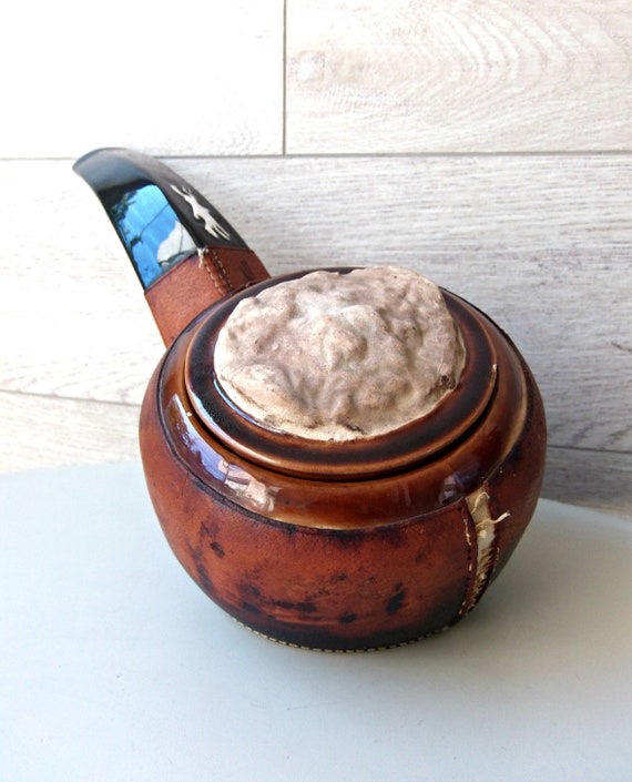 longchamp tobacco Vintage Longchamp France Leather and Ceramic Tobacco Jar