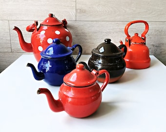 Lot of five vintage enamel teapots made in Yugoslavia