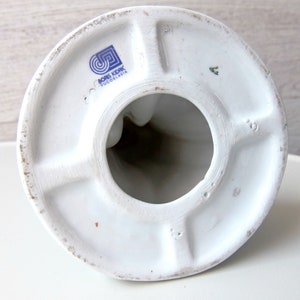 Puede incluir: Vista inferior de una figura de cer&aacute;mica blanca con base circular y abertura central. La base presenta un logotipo azul con el texto "BORIS KIDRIC YUGOSLAVIA". La figura tiene un acabado liso y brillante.