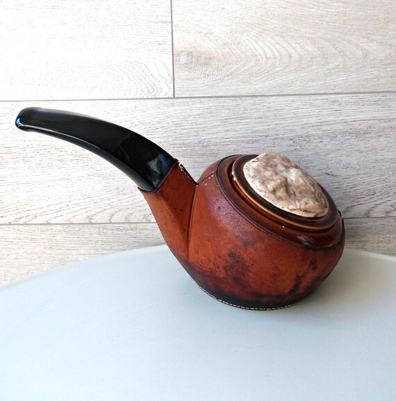 Vintage Longchamp France Leather and Ceramic Tobacco Jar