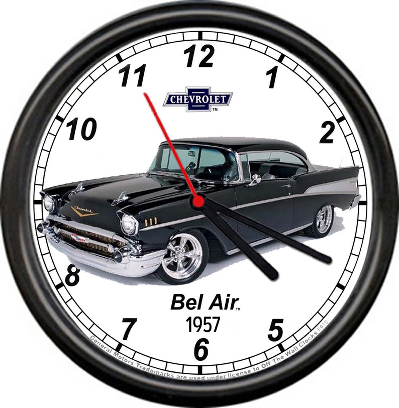 Licensed 1957 Chevrolet Chevy Bel Air Belair Sedan 55 Black White Retro Vintage Sign General Motors Wall Clock