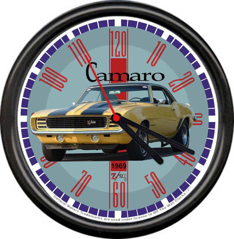 Licensed 1969 Chevrolet Chevy Camaro Z28 Yellow 69 Yellow Retro Vintage Sign General Motors Wall Clock