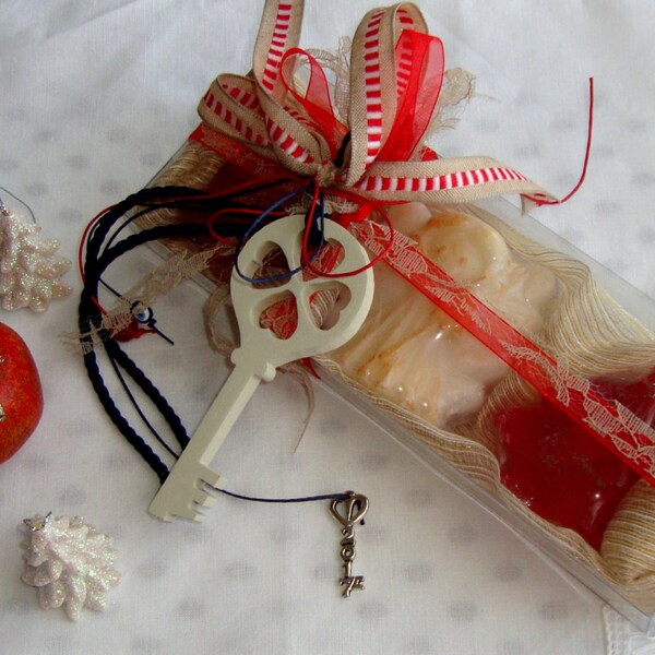 RESERVED FOR DANA # Beige Christmas Hostess Gift Box, Red Luxury Glycerin Soap, New Year Good Luck Unlocking Key Wooden Charm Ornament
