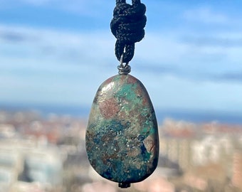 Azurite Gemstone Pendant Necklace, Black Cord, Vegan Jewelry